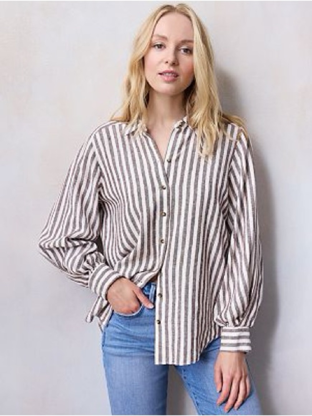 LC Lauren Conrad Cream and Brown Striped Button-Front Shirt